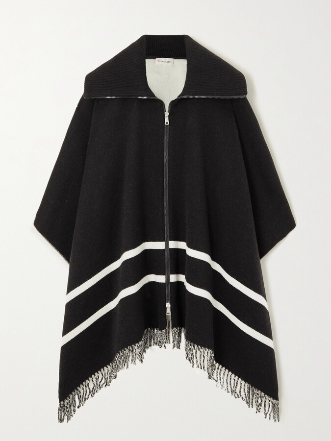 Moncler Fringed Striped Wool-blend Jacquard Poncho - Black
