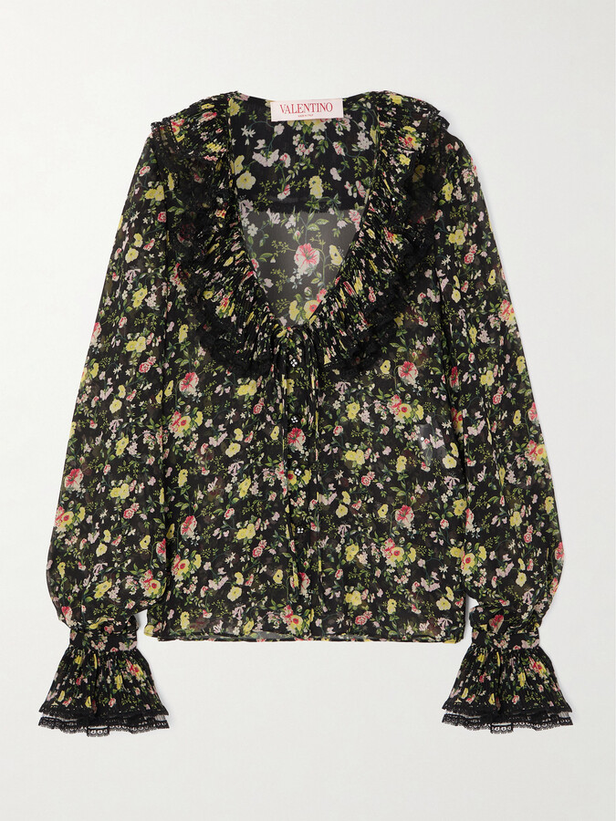 Valentino Garavani Ruffled Printed Silk-chiffon Blouse - Black