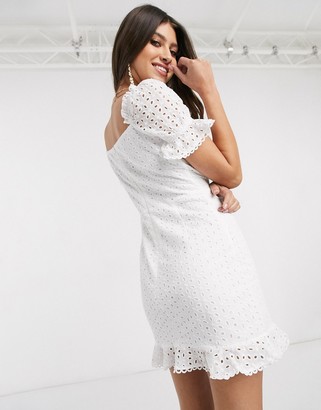 Parisian lace up front broderie mini dress in white