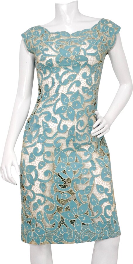 1stDibs 1980s Blue & Cream Floral Net Detail Cut-out Midi Dress