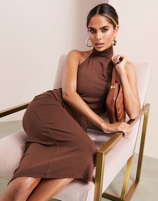 ASOS DESIGN high neck midi dress with super low back & slit detail in chocolate