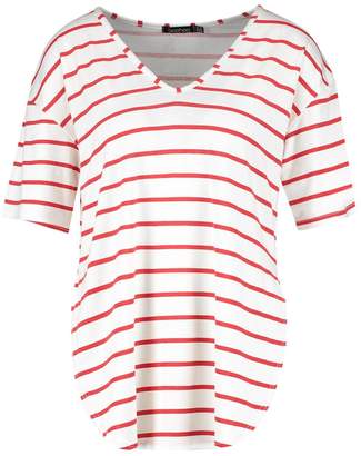 boohoo NEW Womens Stripe Oversized Split Side T-Shirt in Polyester 5% Elastane