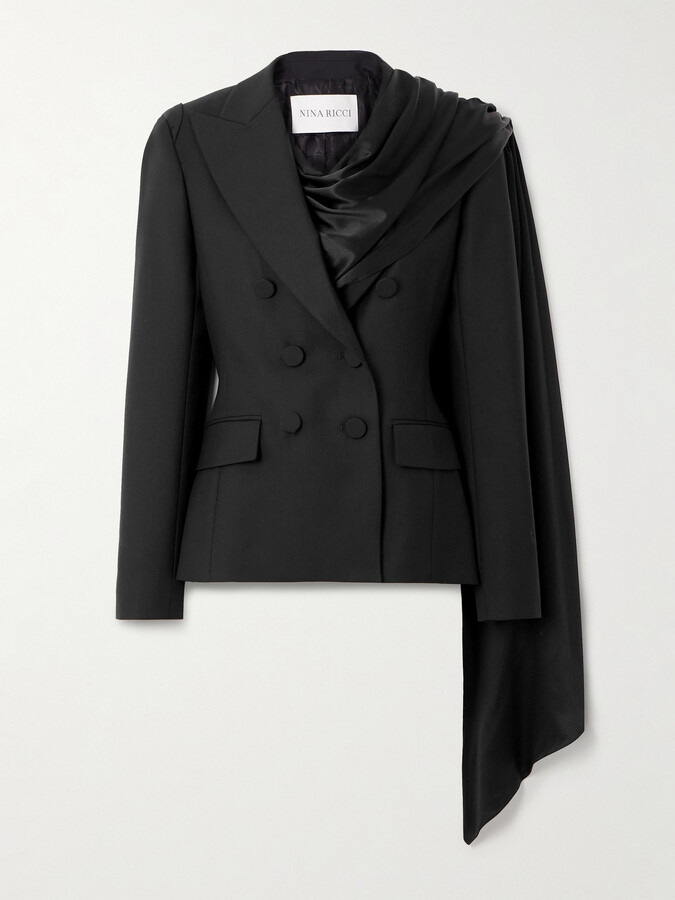 Nina Ricci Double-breasted Draped Satin-trimmed Wool Blazer - Black