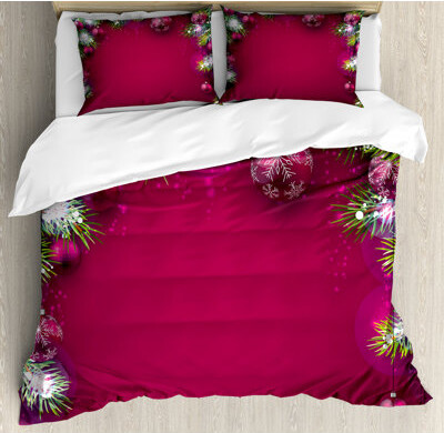 Ambesonne Christmas Duvet Cover Set Tree Balls Snowflakes Calking Magenta Green White