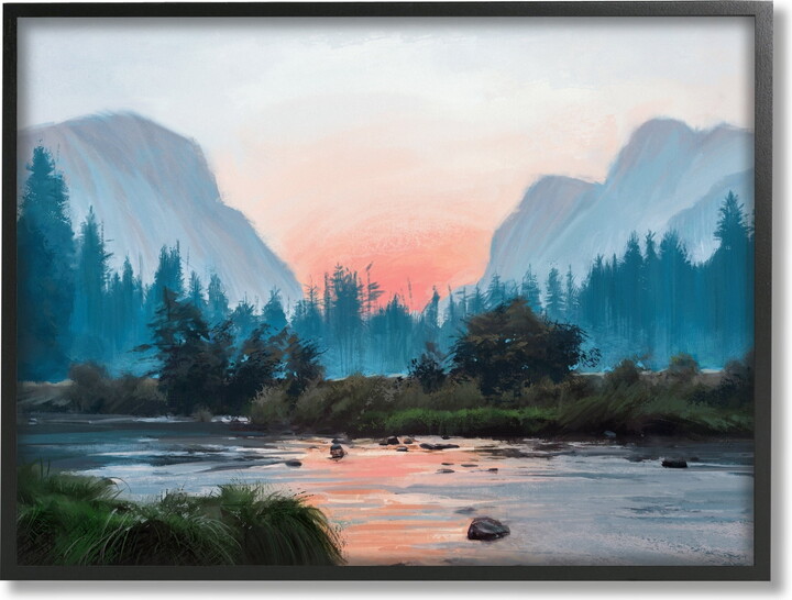 Stupell Industries Mountain Valley Tranquil Sunset Lake Reflection Painting Black Framed Art Print Wall Art, Design by Ziwei Li