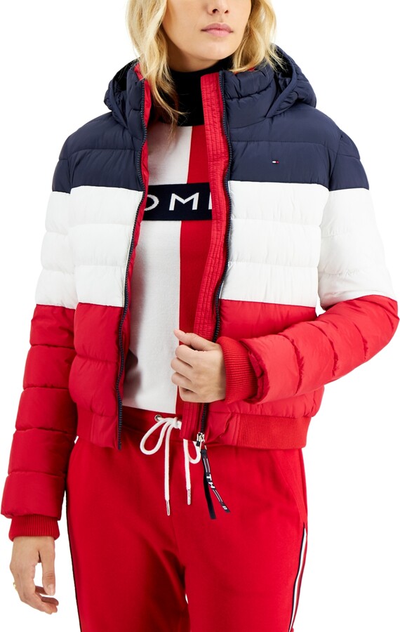 Tommy Hilfiger Colorblocked Hooded Puffer Jacket - Sky Captain/bright  White/scarlet - ShopStyle