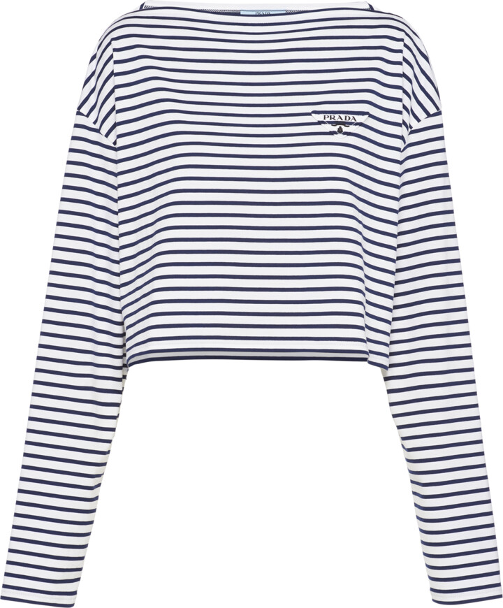 Prada Long-sleeved Striped Jersey T-shirt, Women, White/blue, Size M -  ShopStyle