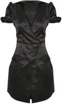 Thumbnail for your product : PrettyLittleThing Black Satin Puff Sleeve Pocket Detail Shift Dress