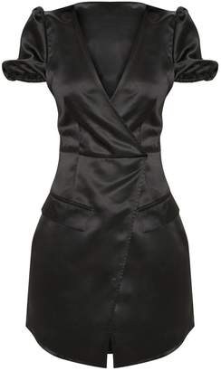 PrettyLittleThing Black Satin Puff Sleeve Pocket Detail Shift Dress