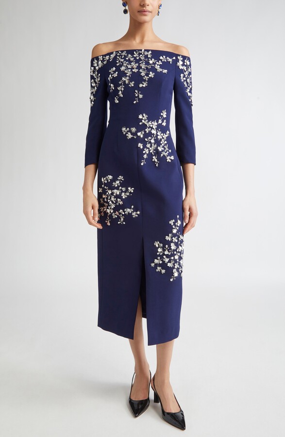 Carolina Herrera Floral Appliqué Off the Shoulder Stretch Crepe Midi Dress