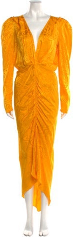 Ronny Kobo Silk Evening Gown Yellow Pleated, Ruffle & Cutout Accents Long Sleeve with V-Neck Concealed Zip Closure at Back Designer