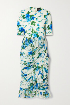 Richard Quinn Ruffled Ruched Floral-print Crepe De Chine And Jersey Dress - Blue