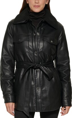 Kenneth Cole Women's Belted Faux-Leather & Faux-Fur-Trim Shirt Jacket
