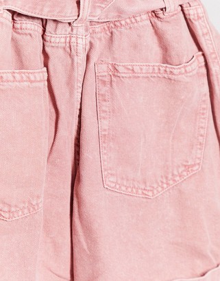 Bershka paperbag belted denim shorts in washed pink
