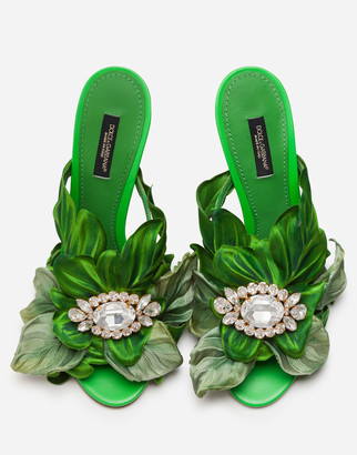 Dolce & Gabbana Satin mules with leaf applique and jewel embroidery