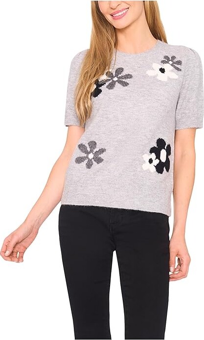 CeCe Short Sleeve Groovy Sweater Women's Sweater Light Heather Grey : LG, Acrylic/Spandex