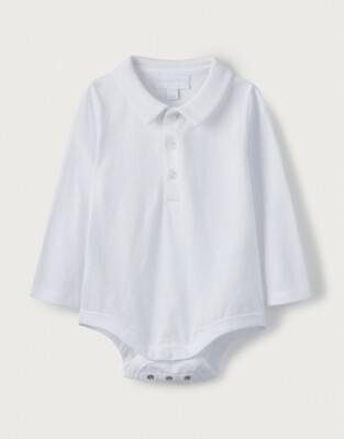 The White Company Long-Sleeved Collared Bodysuit, White, 6-9M