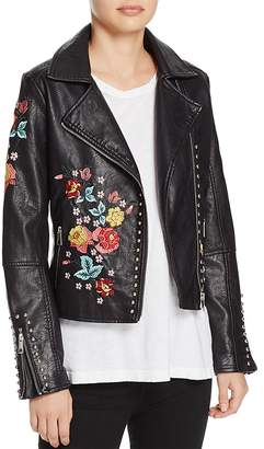 Molly Bracken Floral-Embroidered Faux Leather Biker Jacket