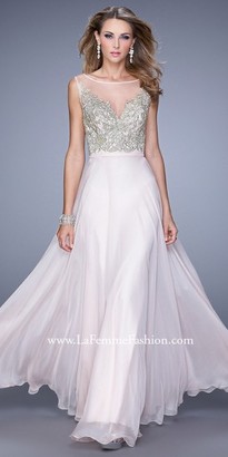 La Femme Embroidered Overlay Prom Dress