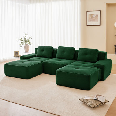 Hokku Designs Modern U-Shaped Modular Sectional Sofa For Living Room, Corduroy Fabric, 3-Seater Couch With Deep Seat And Movable Ottoman,Pearl-Like Piping, Tufted D