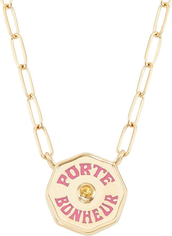 Women's Je Porte Bonheur 14K Yellow Gold, Citrine & Hot Pink Enamel Paper Clip Chain Necklace - Citrine