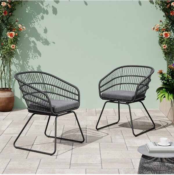 CAVINAS LLC CAVINASOutdoorDiningChairsSetof2withWater-ResistantCushionsPatioDiningChairswithSplayedSledLegsPERattanPatioSeatingGray