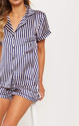 PrettyLittleThing Nude & Navy Striped Button Up Short PJ Set