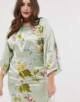 Thumbnail for your product : ASOS Curve DESIGN Curve kimono midi pencil dress in satin floral embroidery-Green