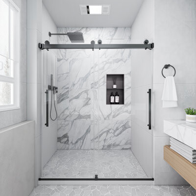 Peorsily 56 In.-60 In. W X 74 In. H Sliding Frameless Shower Door In Matte Black Finish With Tempered Clear Glass