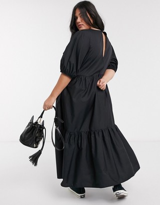 ASOS Curve DESIGN Curve tiered cotton poplin smock midi dress in black
