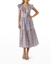 Thumbnail for your product : ENGLISH FACTORY Ruffle-Neck Plaid Midi Dress