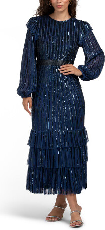 TJMAXX Long Sleeve Sequin Embellished Tea Length Gown For Women, Polyester