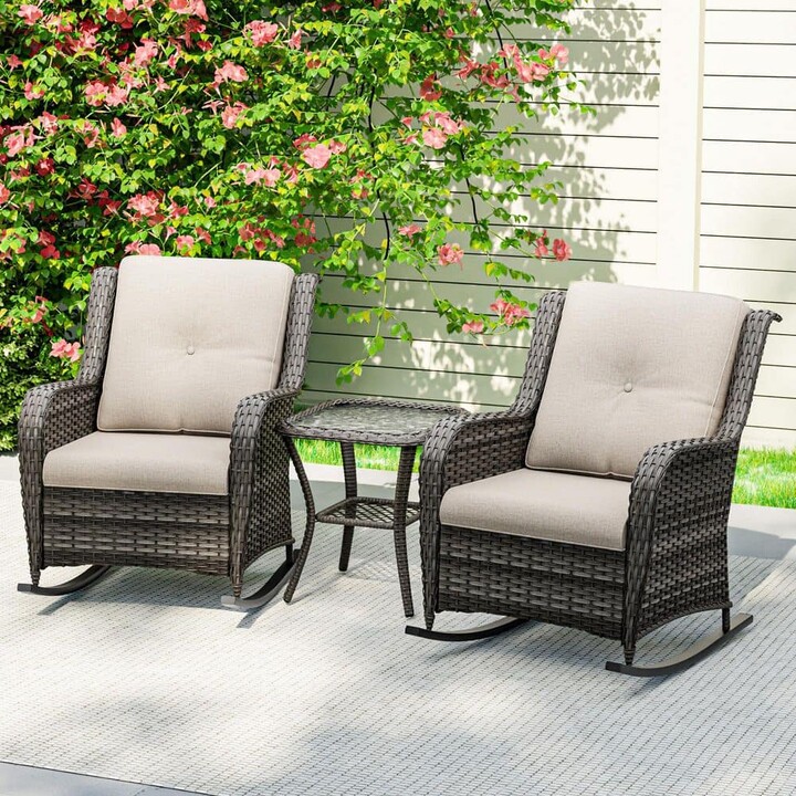 Esunny 3-Piece Wicker Outdoor Rocking Chairs Patio Conversation Set Chat Set with Beige Cushions and 1 Table