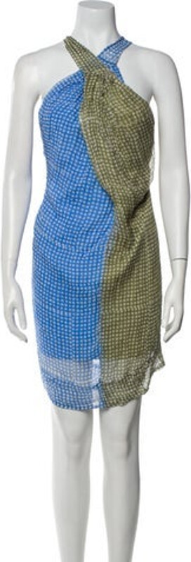 CLOE CASSANDRO Silk A-Line Dress Blue Plaid Print Halterneck