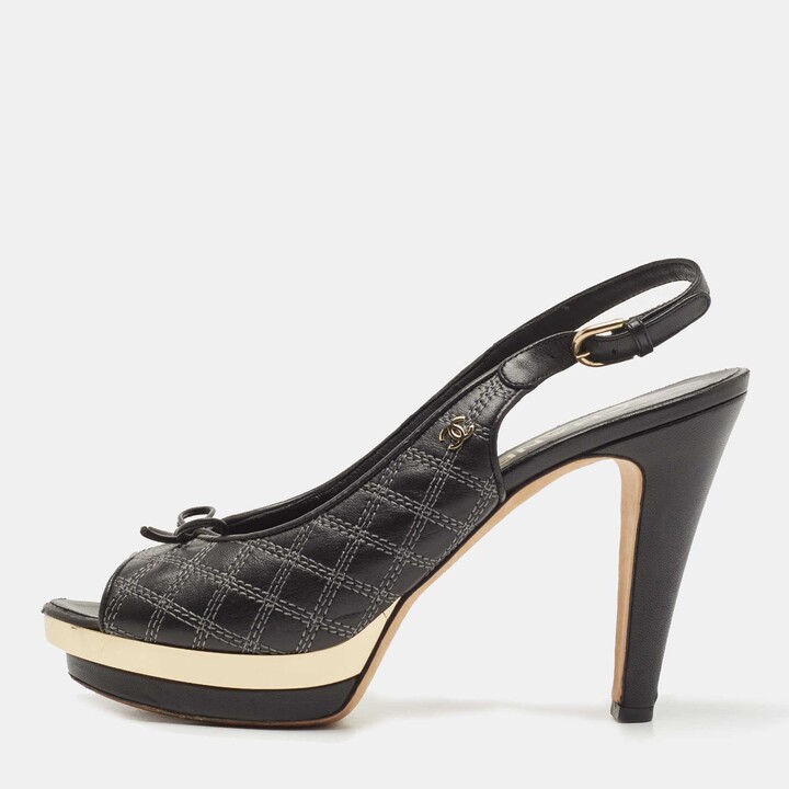 New Chanel Beige Black Patent Leather Glitter Platform Slingback Shoes 37  39
