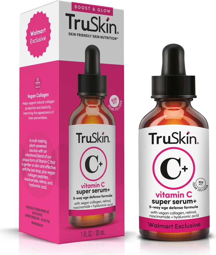 TruSkin Vitamin C Plus Super Serum, 5-Way Rejuvenation with Vegan Collagen, 1 fl oz