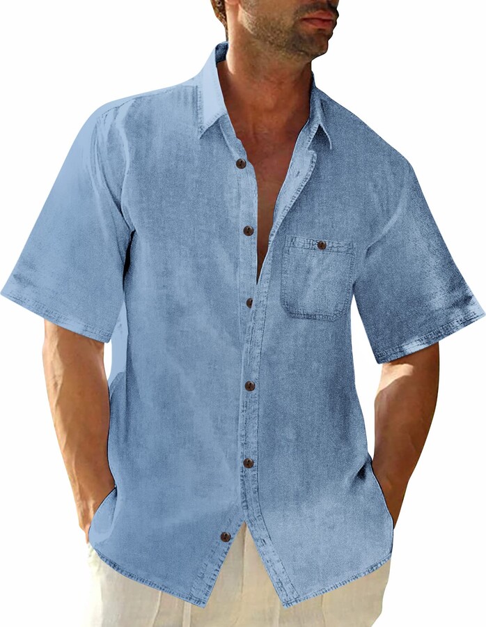 Runcati Mens Denim Shirt Button Down Short Sleeve Casual Regular Fit