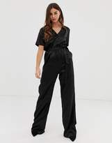 Thumbnail for your product : PrettyLittleThing satin jumpsuit in black jaquard