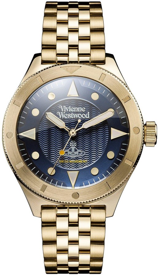 Vivienne Westwood Smithfield Textured Blue And Gold Plated Detail Dial Gold  Stainless Steel Bracelet Mens Watch - ShopStyle