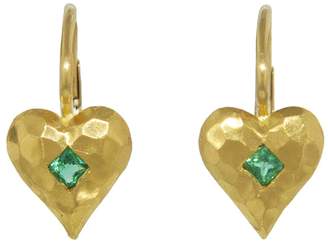 Cathy Waterman Emerald Hammered Heart Earrings - Yellow Gold