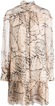 Marchesa Notte Ruffle-Trim Leaf-Print Minidress
