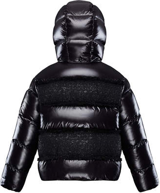 Moncler Elbe Detachable-Hood Puffer Coat w/ Tweed, Size 4-6