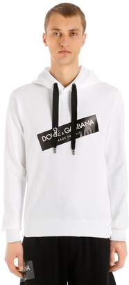 Dolce & Gabbana Hooded Logo Tape Print Cotton Sweatshirt