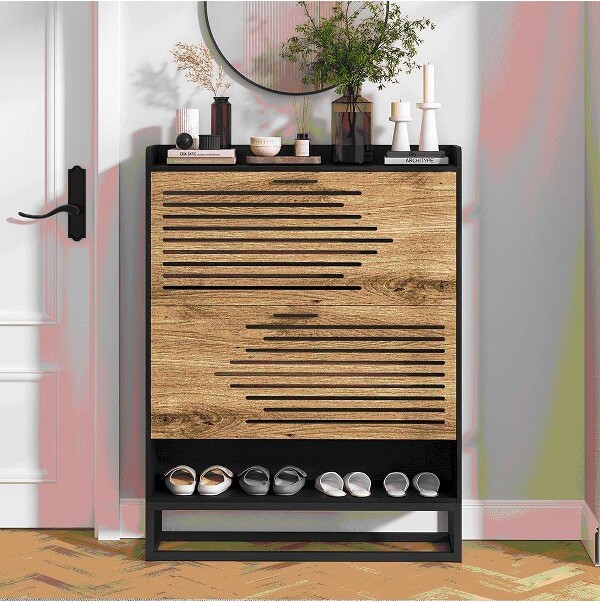 ResenkosSlimWoodenFarmhouseShoeStorageCabinetOrganizerwith2FlipDrawersandOpenStorageBlack