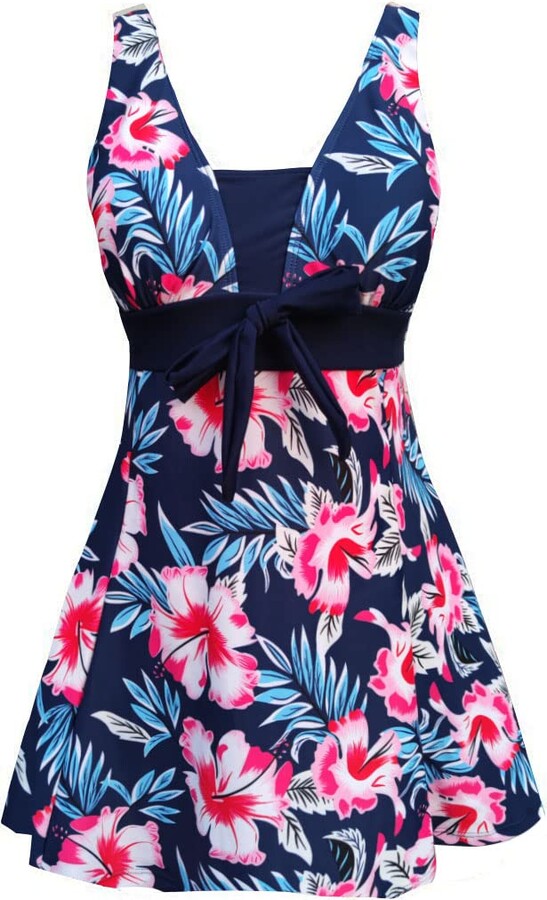 AMAGGIGO Women's Polka Dot One Piece Swimsuit Tummy Control Swimwear Swimdress with Skirt(Blue