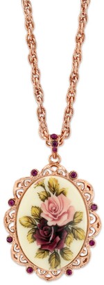 2028 Rose Gold-Tone Purple Crystal Flower Oval Pendant Necklace 28"