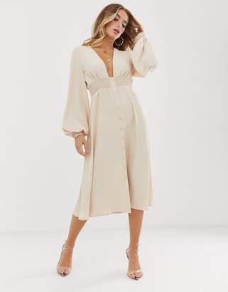 ASOS Design DESIGN long sleeve button through midi dress with shirred waist