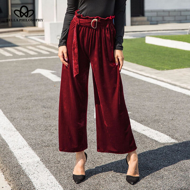 Bella Philosophy 2018 Spring Velvet Wide Leg Pleated Solid Pants Women Casual High Waist waistband fashion Vintage long