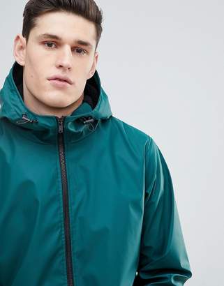 ASOS DESIGN Tall shower resistant rain coat with fleece lined hood in bottle green