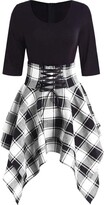 Thumbnail for your product : Moonuy_ Fashion Women Casual O-Neck Lace Up Tartan Plaid Print Asymmetrical Mini Dress Women V-Neck A-Line Fit Flare Swing Party Skirt(Red